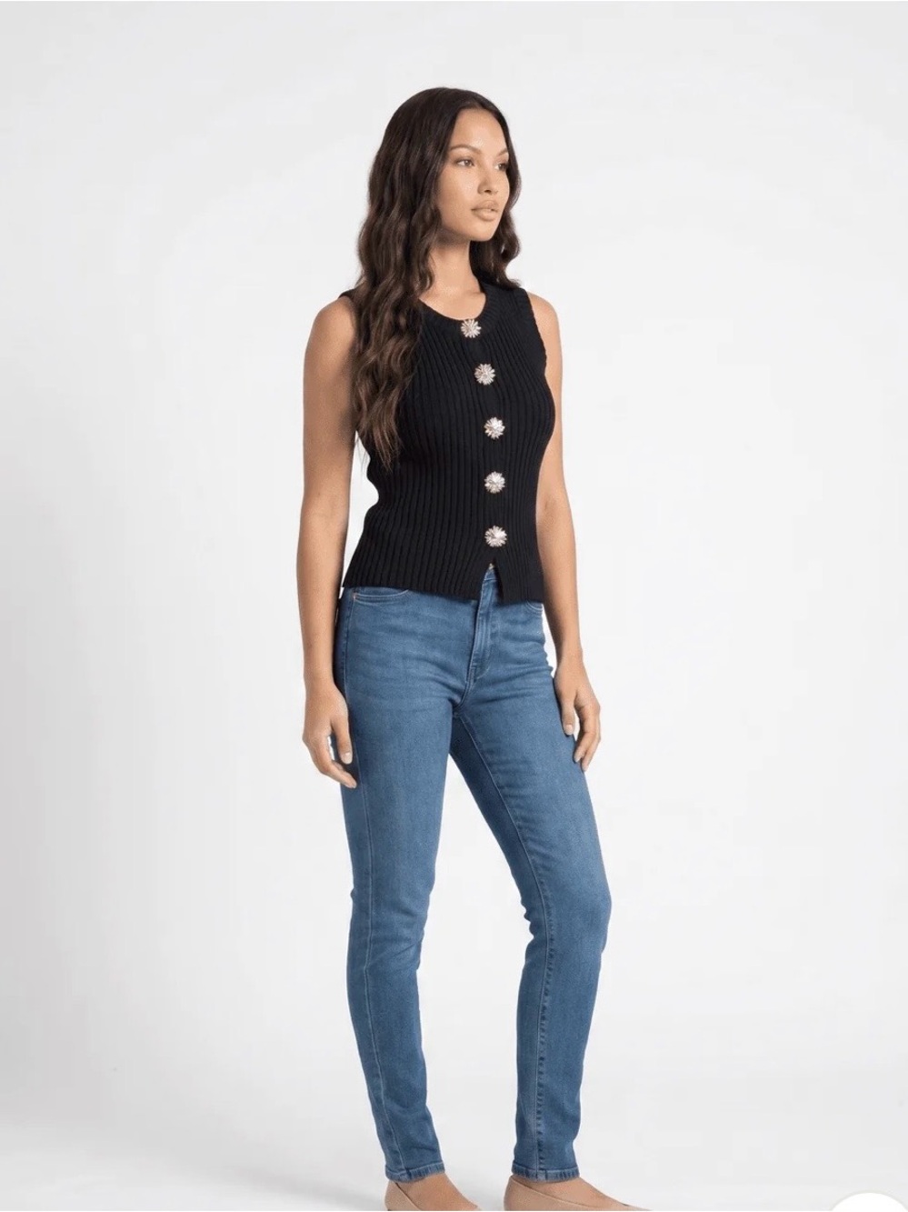 Black Ribbed Sleeveless Button-Front Knit Top - Picture 3 of 10